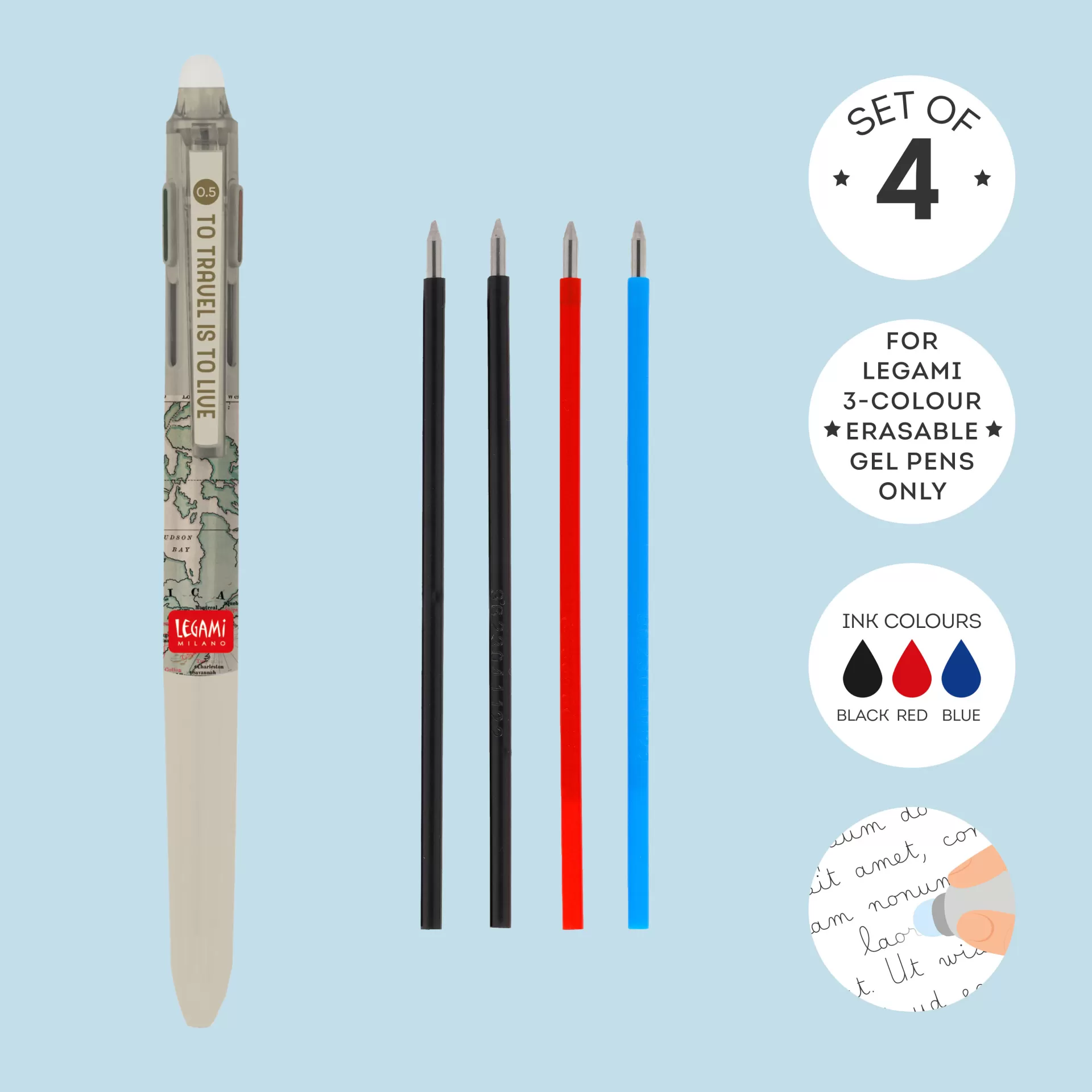Legami Milano Erasables Stifte Nachfüllminen^Ersatzminen für löschbaren Gelstift in 3 Farben im 4-er Set