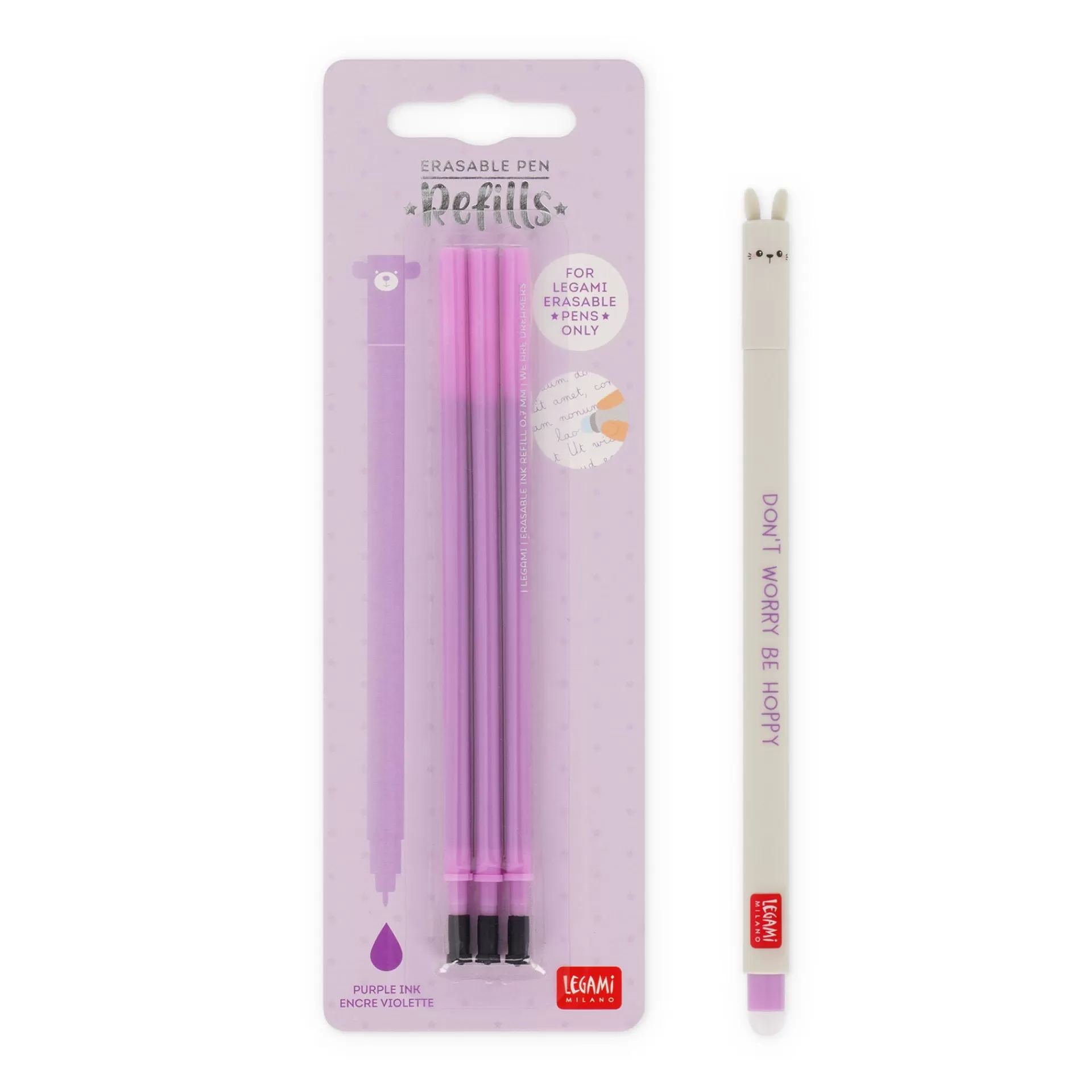 Legami Milano Erasables Stifte Nachfüllminen | Löschbare Stifte^Set Löschbarer Stift Bunny mit violetter Ersatzmine