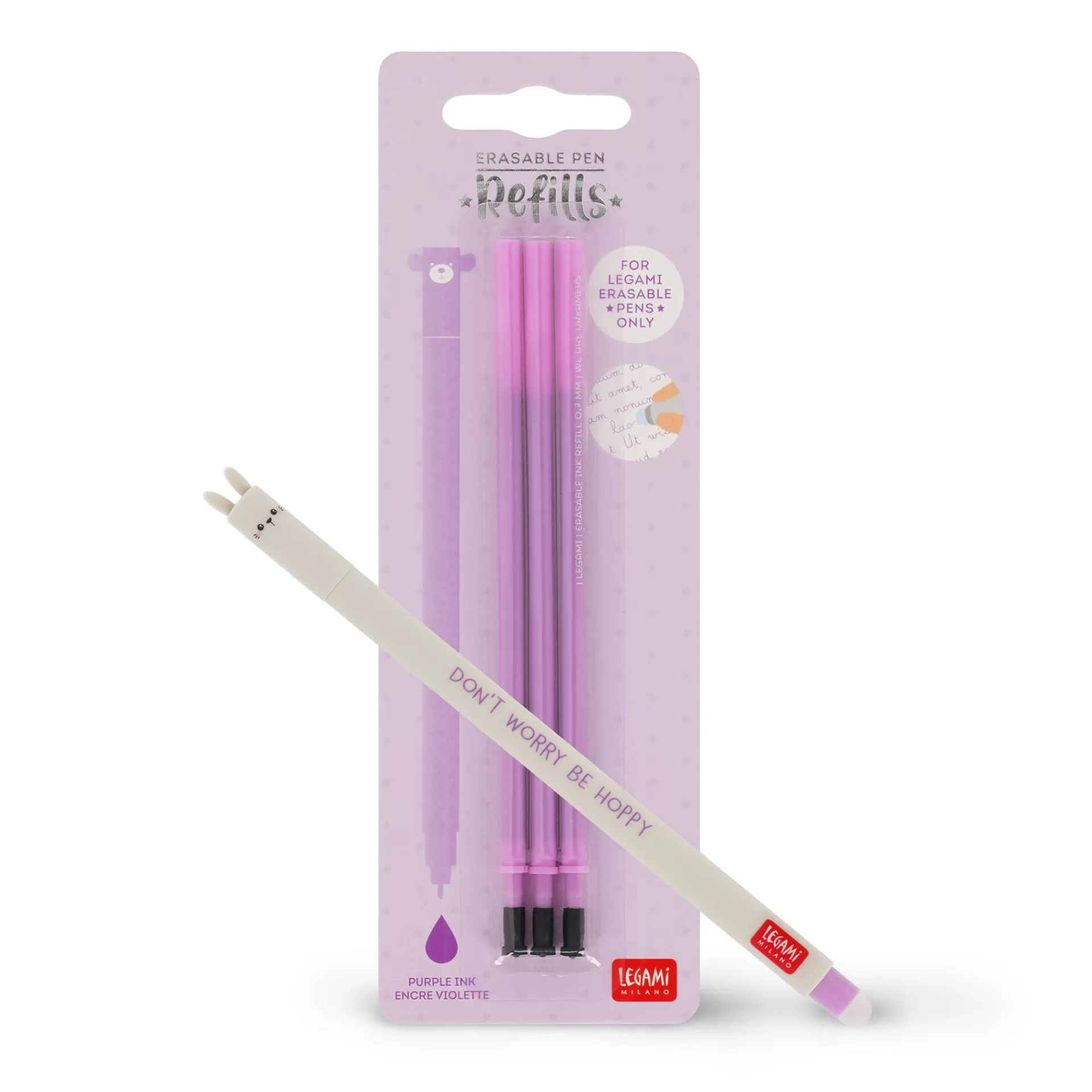 Legami Milano Erasables Stifte Nachfüllminen | Löschbare Stifte^Set Löschbarer Stift Bunny mit violetter Ersatzmine