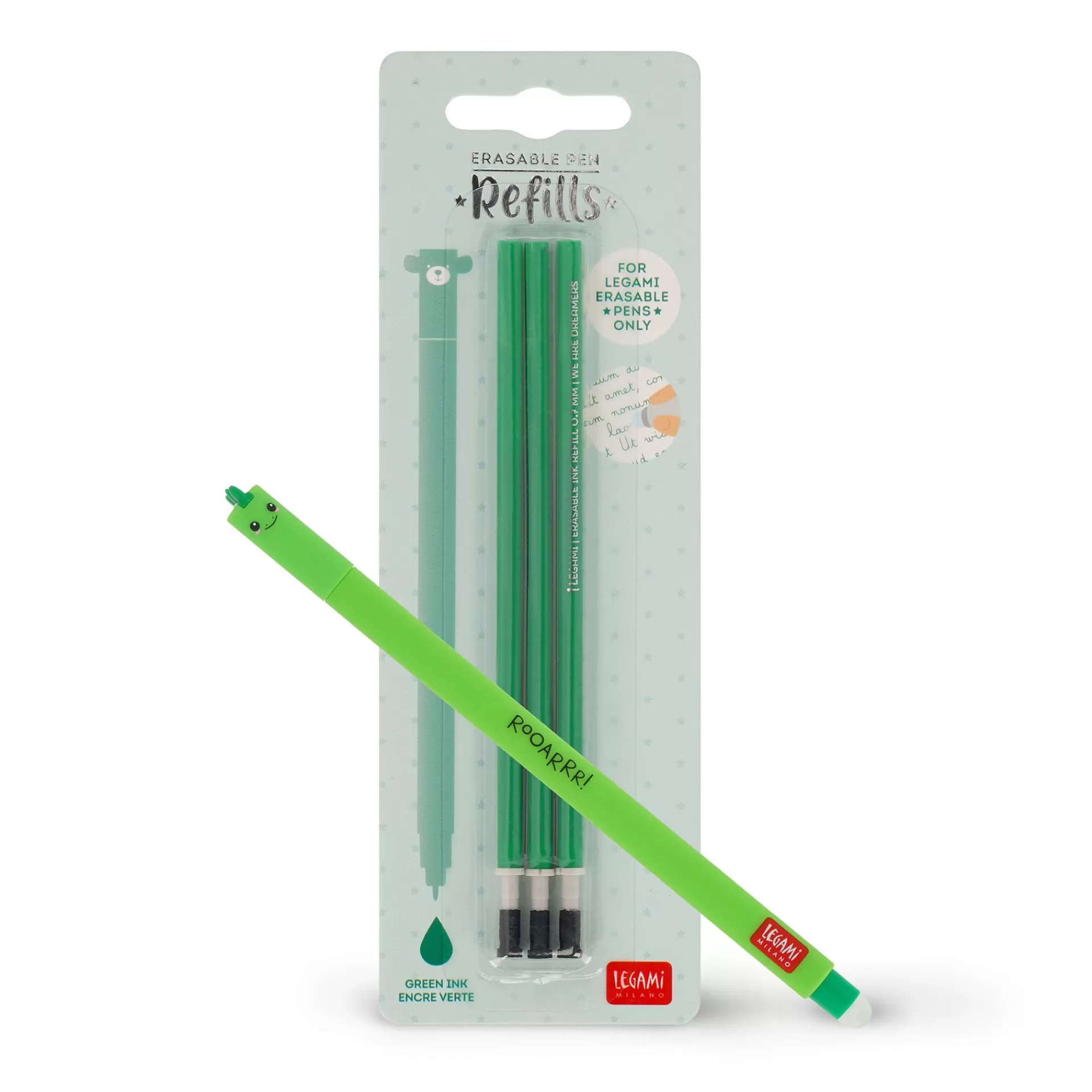 Legami Milano Erasables Stifte Nachfüllminen | Löschbare Stifte^Set Löschbarer Stift Dino mit grüner Ersatzmine