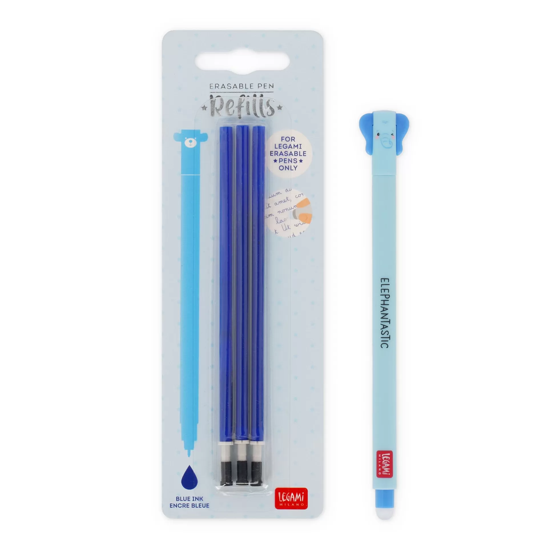 Legami Milano Erasables Stifte Nachfüllminen | Löschbare Stifte^Set Löschbarer Stift Elephant mit blauer Ersatzmine