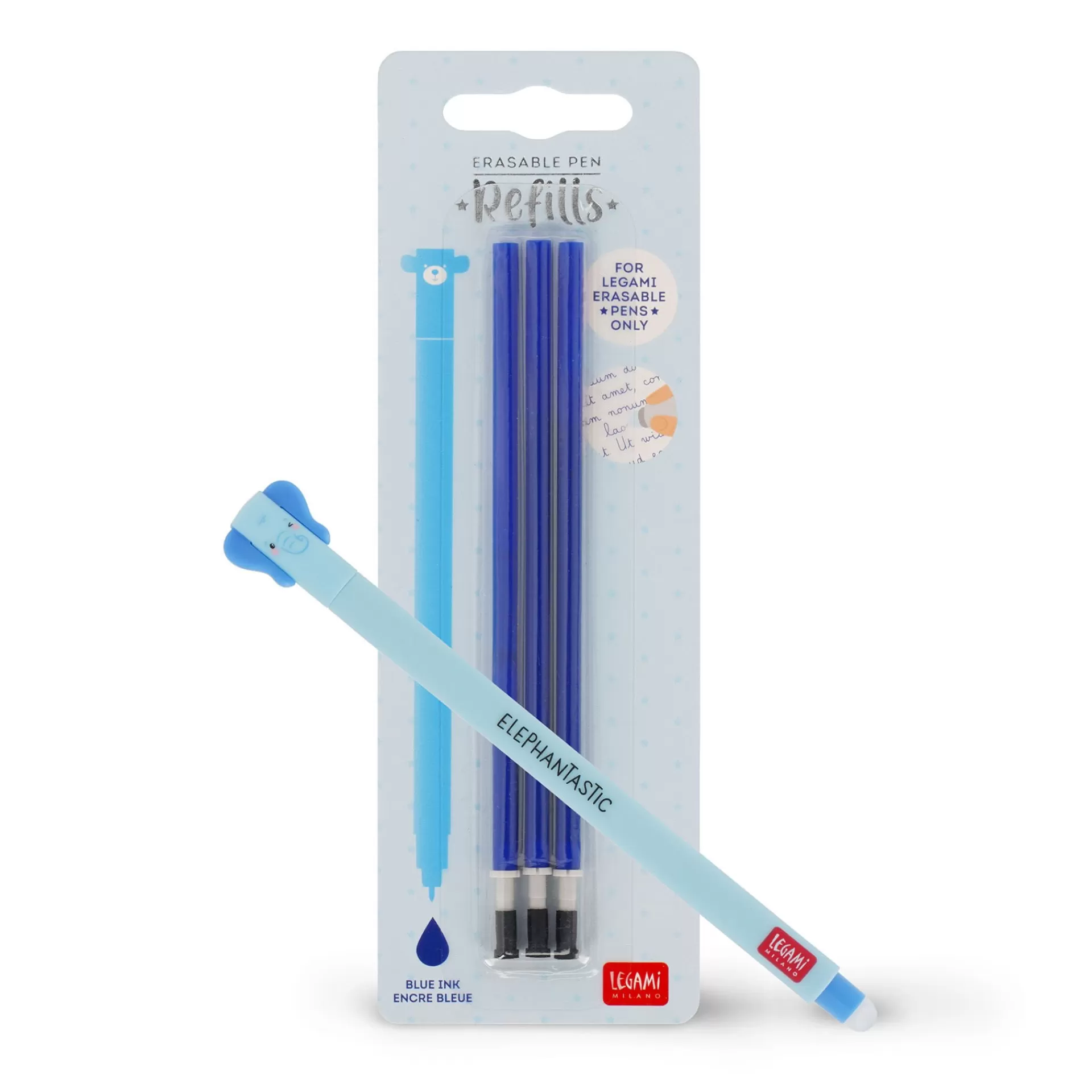 Legami Milano Erasables Stifte Nachfüllminen | Löschbare Stifte^Set Löschbarer Stift Elephant mit blauer Ersatzmine