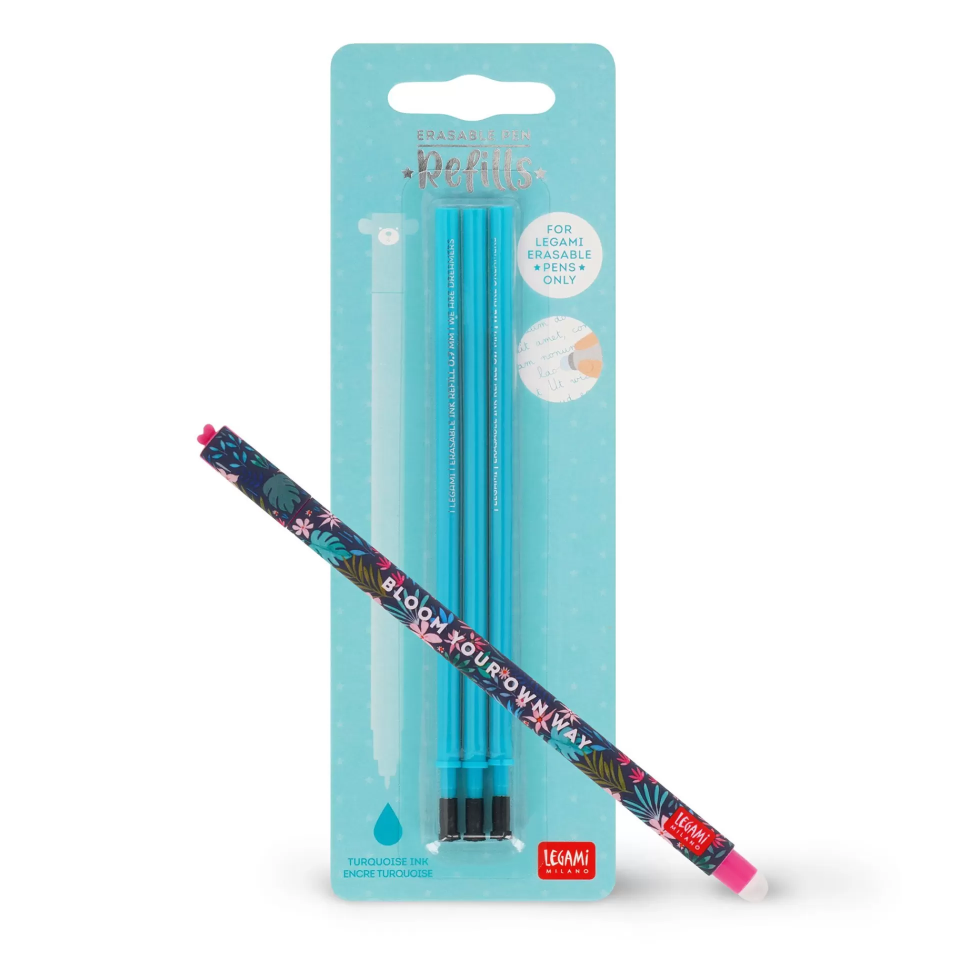 Legami Milano Erasables Stifte Nachfüllminen | Löschbare Stifte^Set Löschbarer Stift Flora mit türkisfarbener Ersatzmine