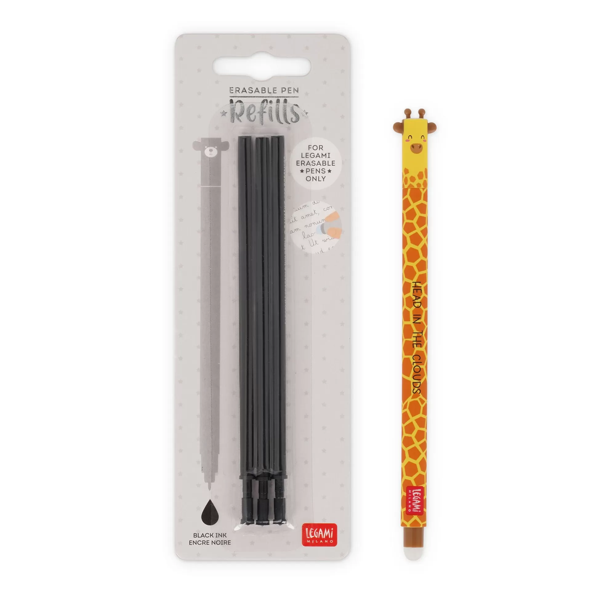 Legami Milano Löschbare Stifte | Erasables Stifte Nachfüllminen^Set Löschbarer Stift Giraffe mit schwarzer Ersatzmine