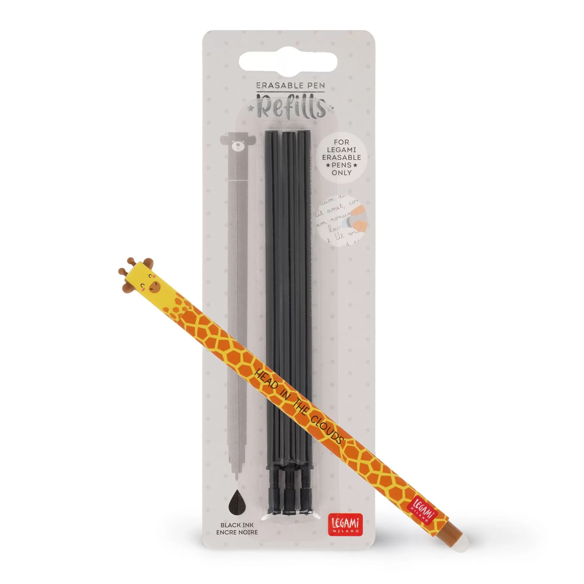 Legami Milano Löschbare Stifte | Erasables Stifte Nachfüllminen^Set Löschbarer Stift Giraffe mit schwarzer Ersatzmine