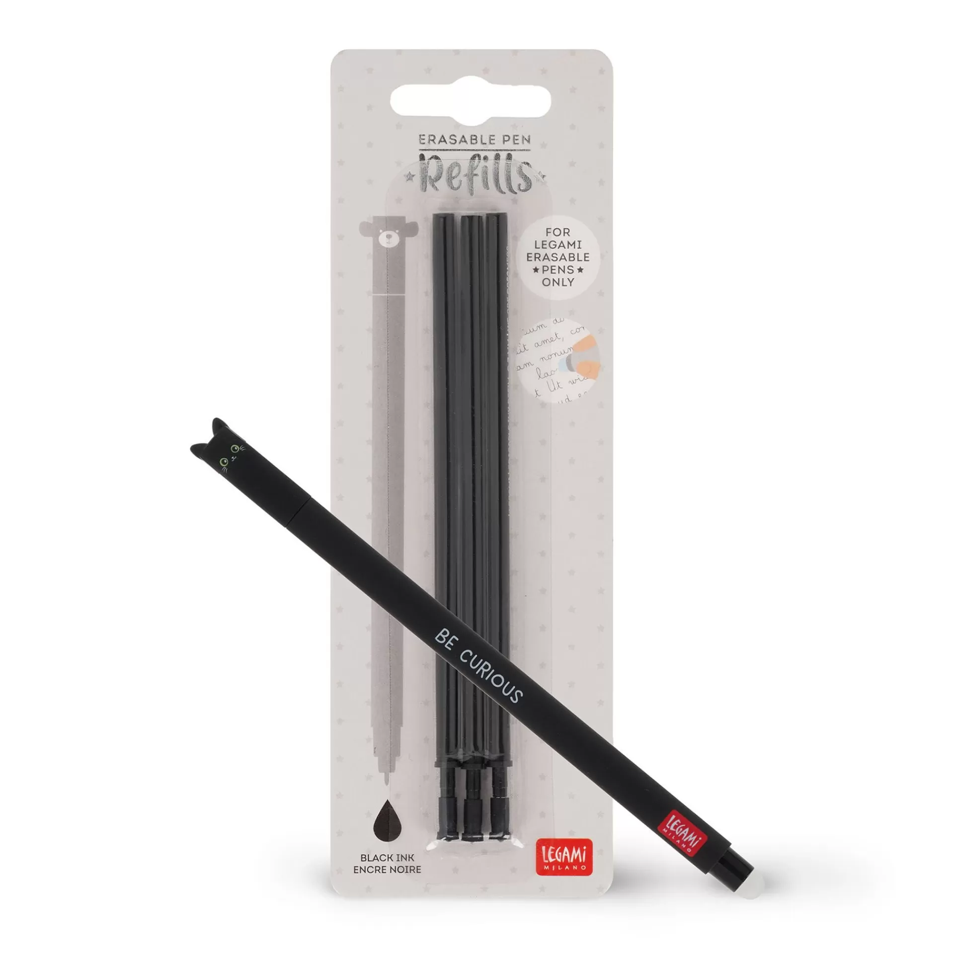 Legami Milano Erasables Stifte Nachfüllminen | Löschbare Stifte^Set Löschbarer Stift Kitty mit schwarzer Ersatzmine
