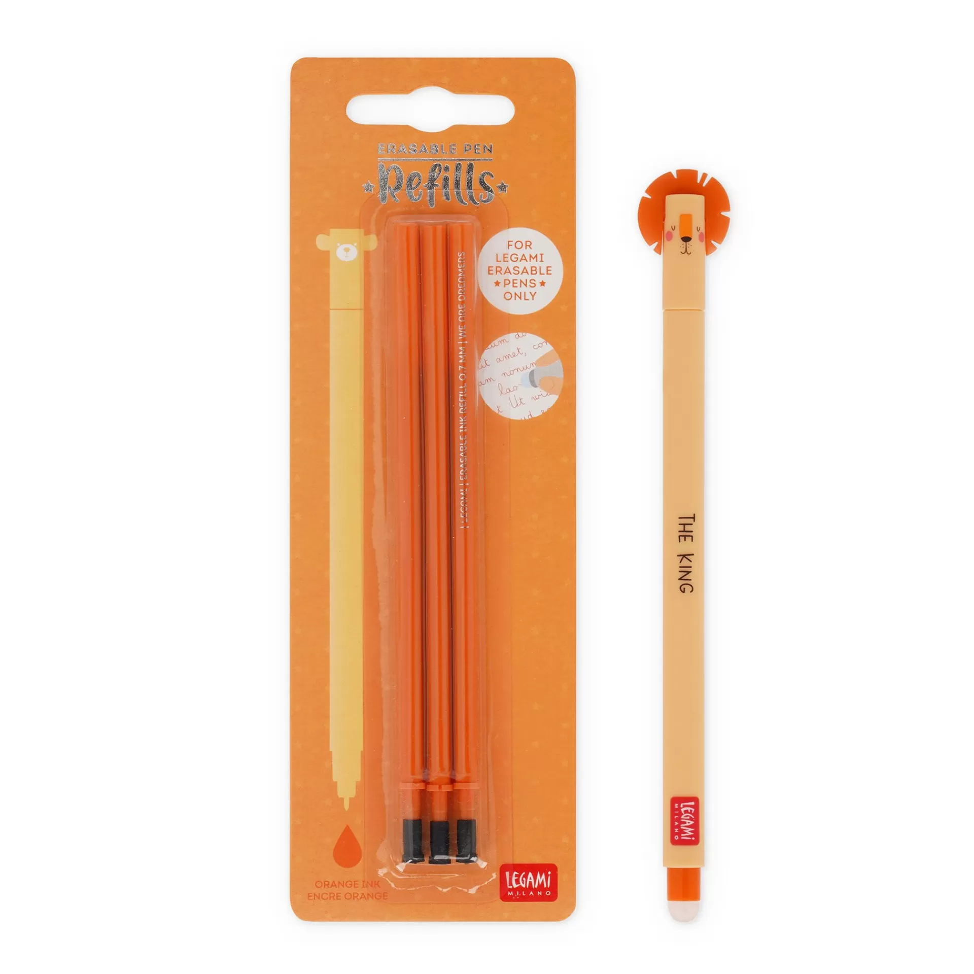 Legami Milano Erasables Stifte Nachfüllminen | Löschbare Stifte^Set Löschbarer Stift Lion mit orangefarbener Ersatzmine