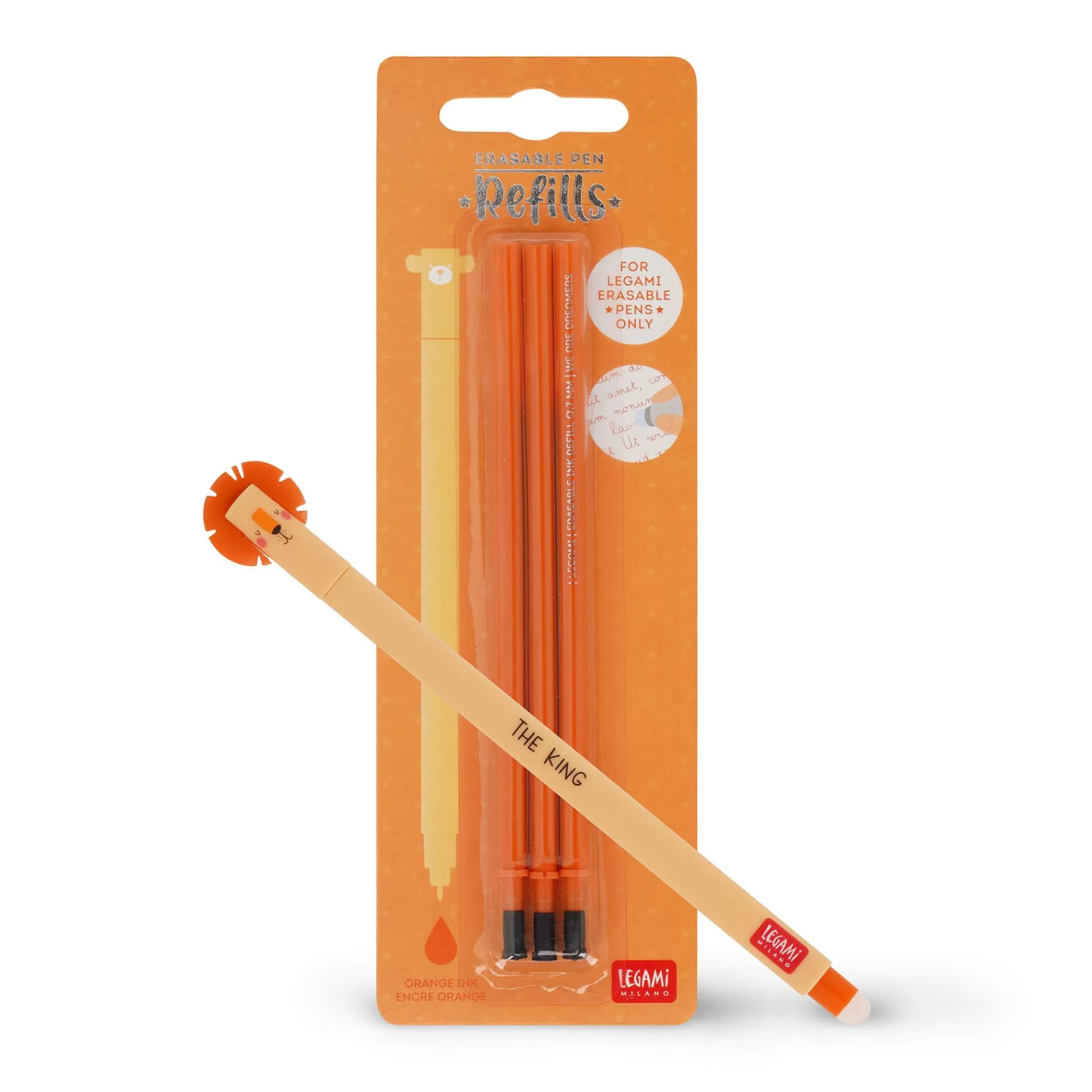 Legami Milano Erasables Stifte Nachfüllminen | Löschbare Stifte^Set Löschbarer Stift Lion mit orangefarbener Ersatzmine