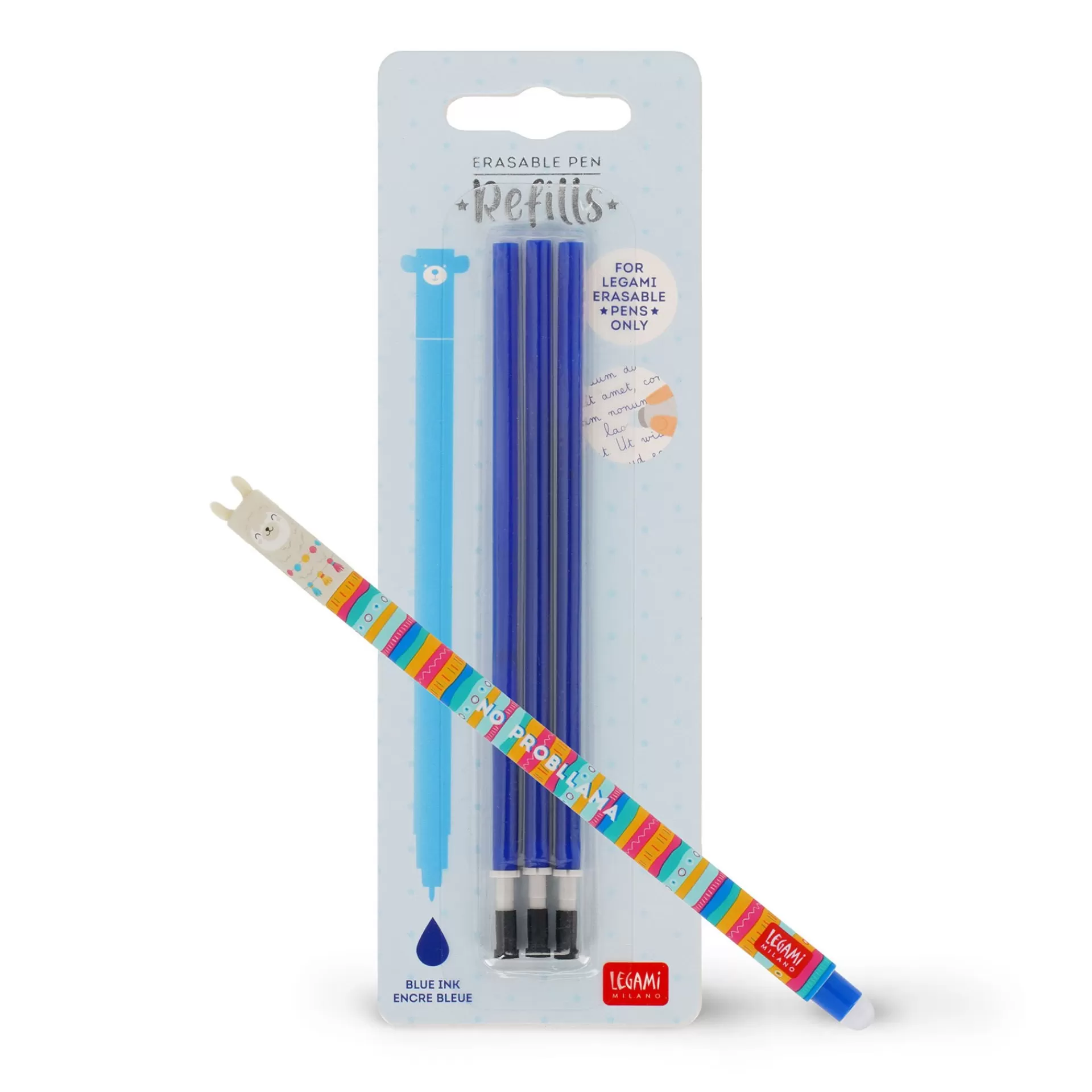 Legami Milano Erasables Stifte Nachfüllminen | Löschbare Stifte^Set Löschbarer Stift Llama mit blauer Ersatzmine