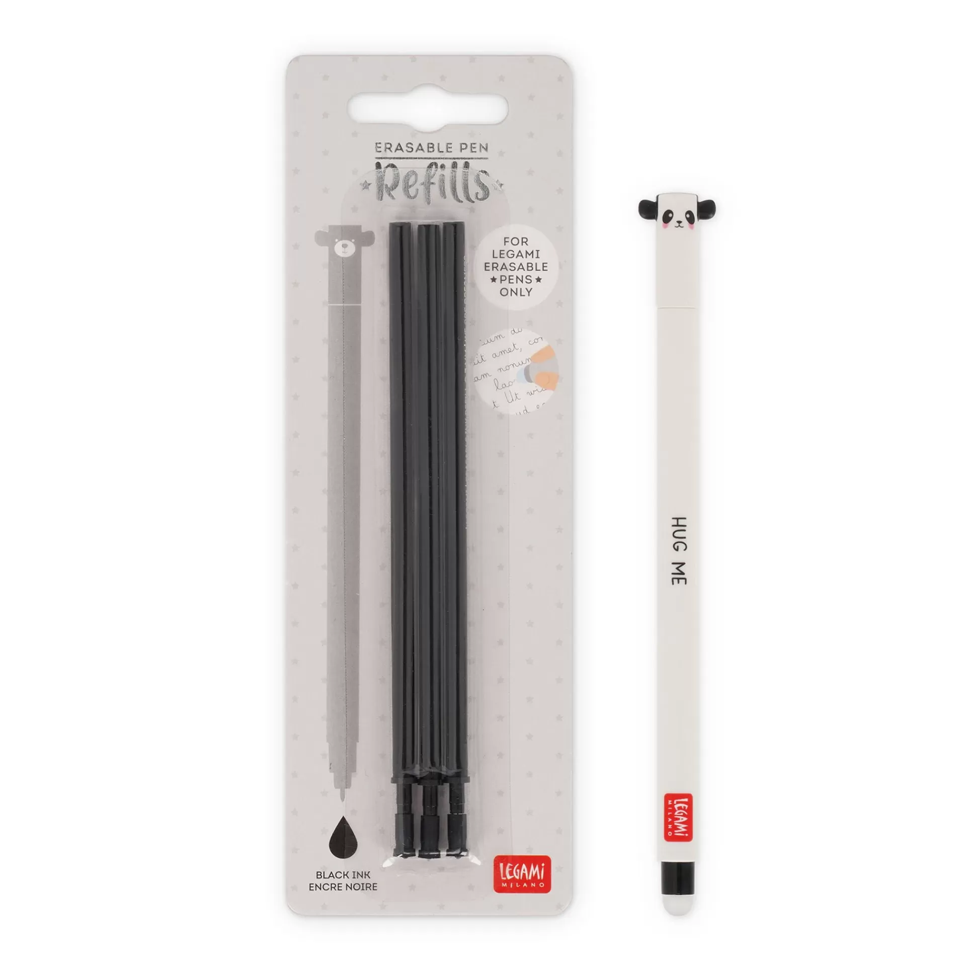 Legami Milano Erasables Stifte Nachfüllminen | Löschbare Stifte^Set Löschbarer Stift Panda mit schwarzer Ersatzmine