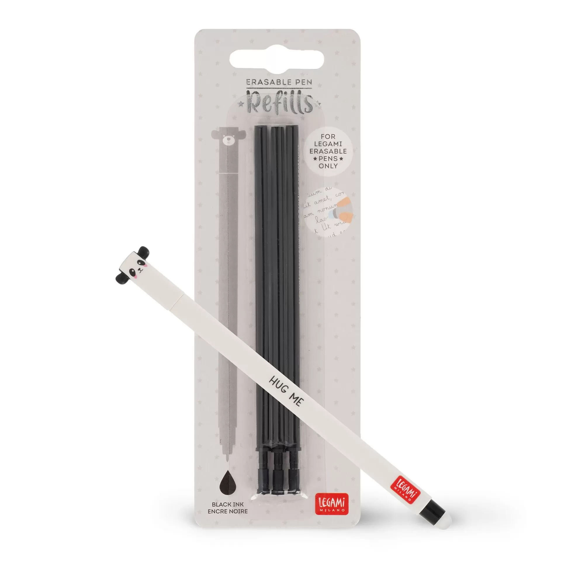 Legami Milano Erasables Stifte Nachfüllminen | Löschbare Stifte^Set Löschbarer Stift Panda mit schwarzer Ersatzmine