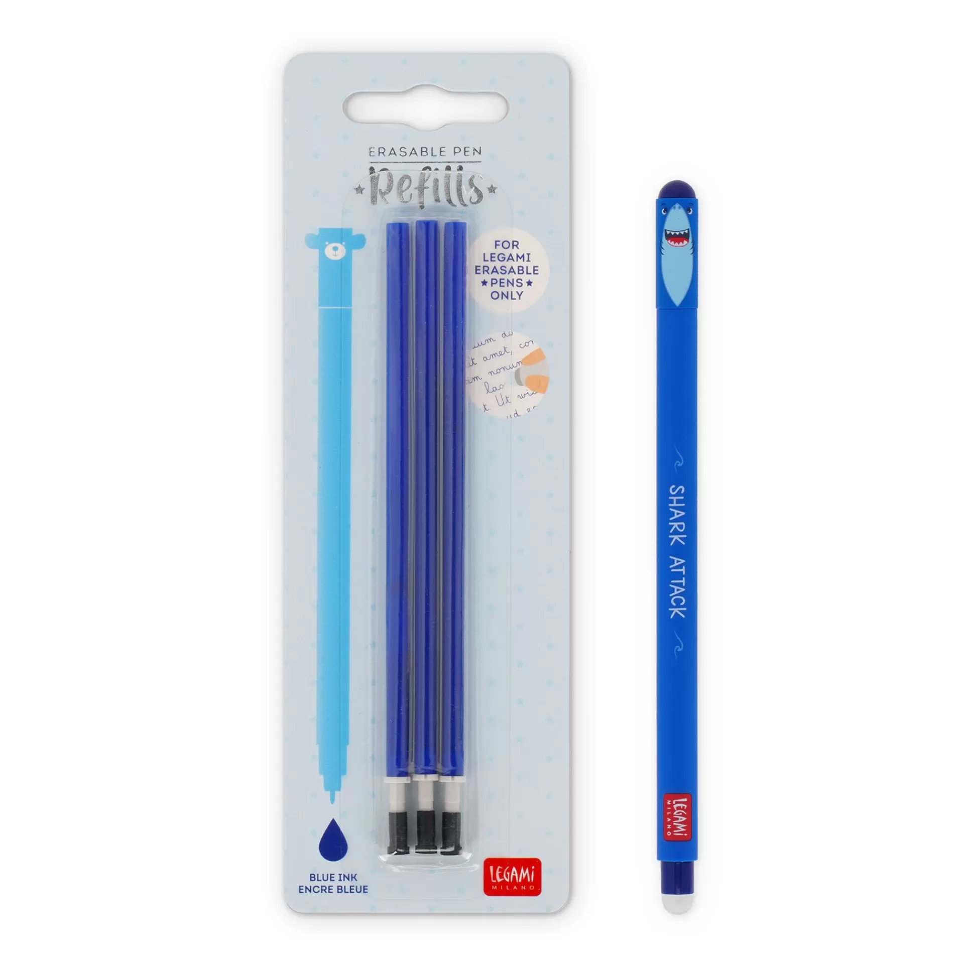 Legami Milano Erasables Stifte Nachfüllminen | Löschbare Stifte^Set Löschbarer Stift Shark mit blauer Ersatzmine