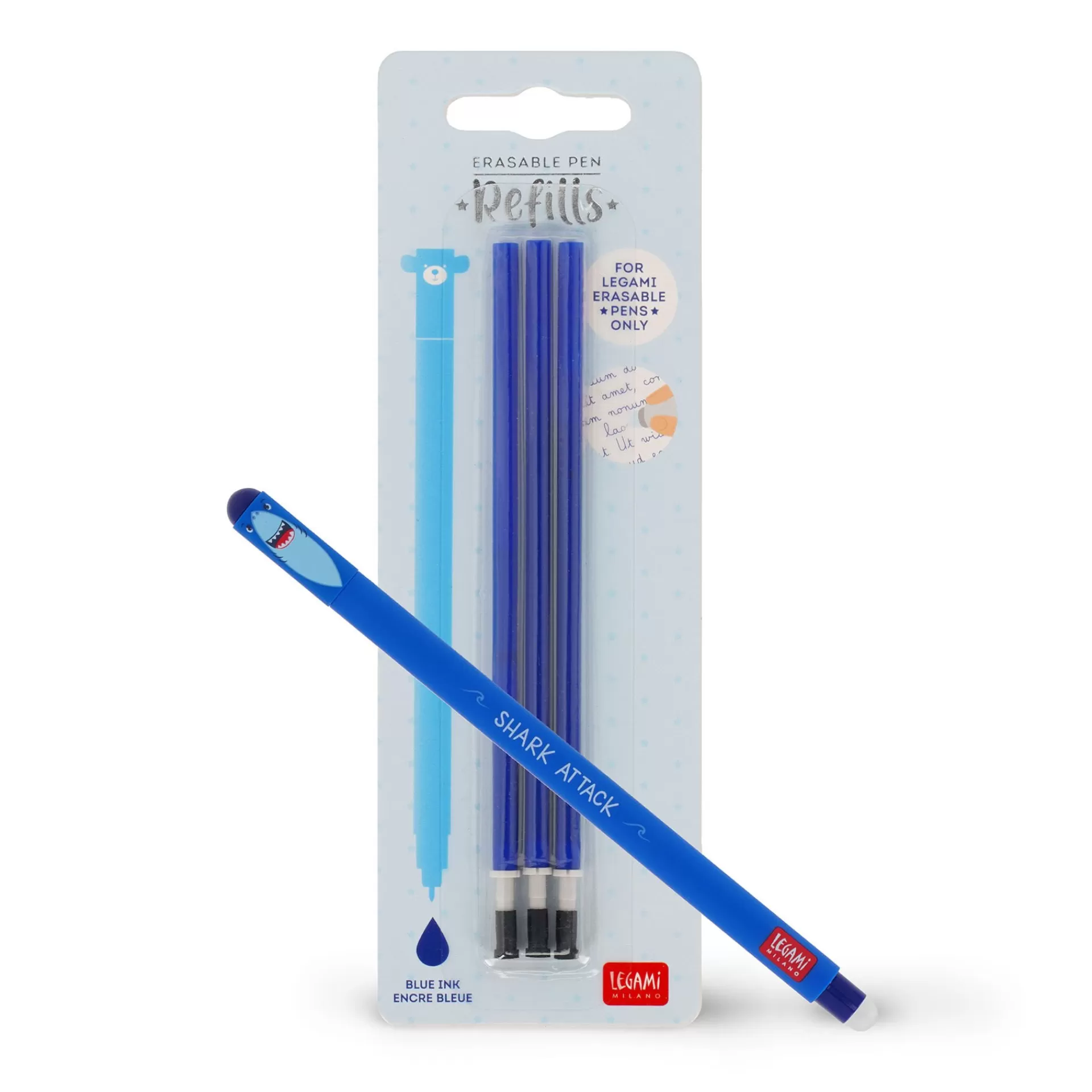 Legami Milano Erasables Stifte Nachfüllminen | Löschbare Stifte^Set Löschbarer Stift Shark mit blauer Ersatzmine
