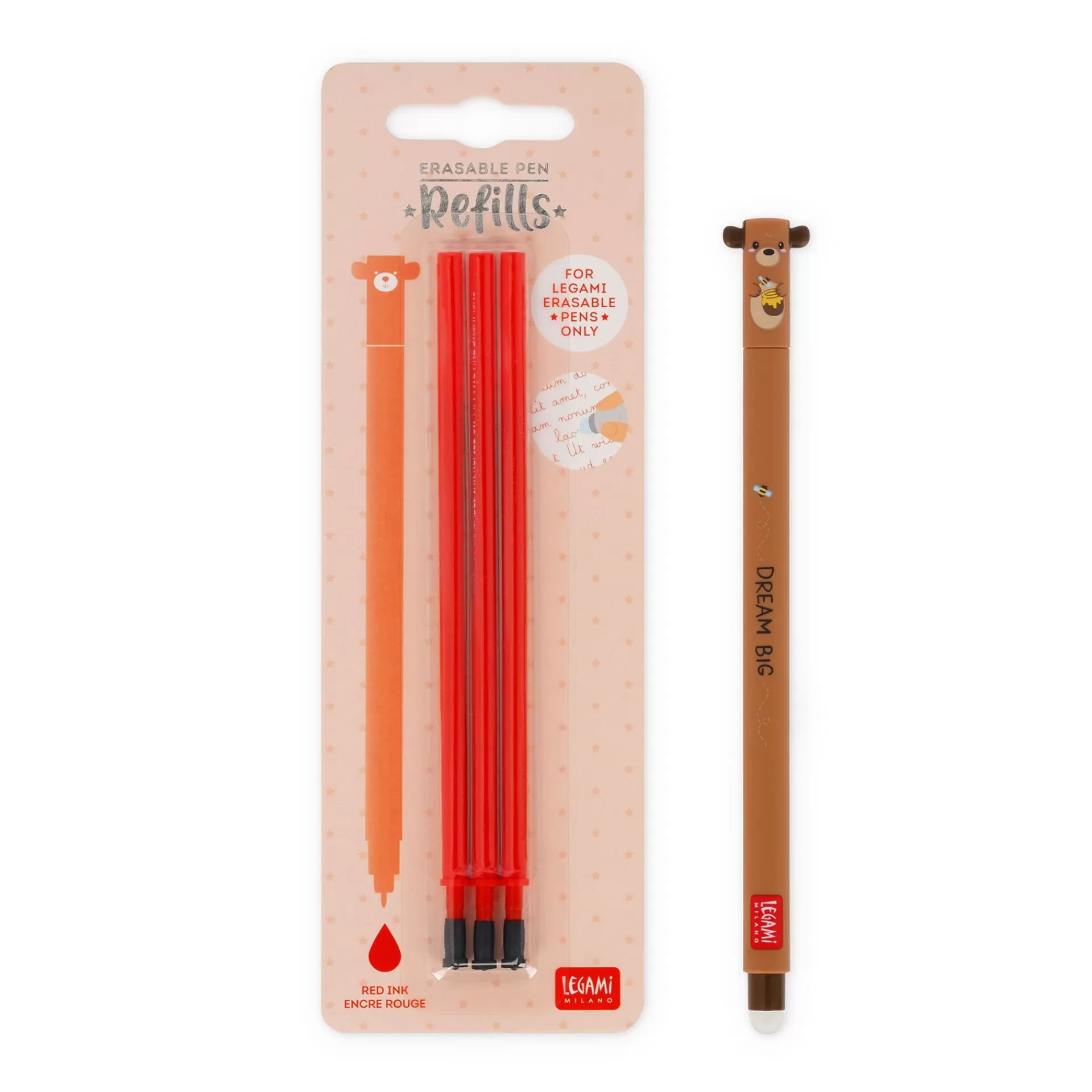 Legami Milano Erasables Stifte Nachfüllminen | Löschbare Stifte^Set Löschbarer Stift Teddy Bear mit roter Ersatzmine