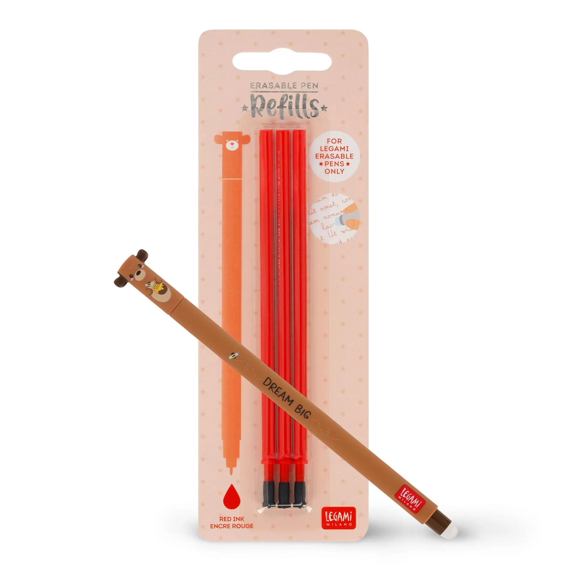 Legami Milano Erasables Stifte Nachfüllminen | Löschbare Stifte^Set Löschbarer Stift Teddy Bear mit roter Ersatzmine