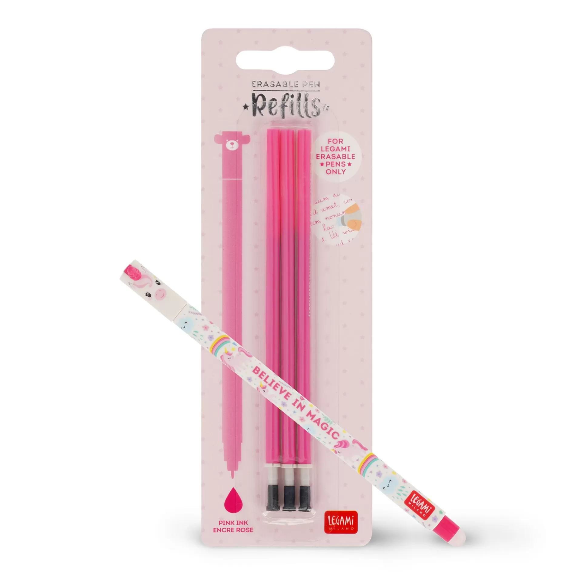 Legami Milano Erasables Stifte Nachfüllminen | Löschbare Stifte^Set Löschbarer Stift Unicorn mit rosa Ersatzmine