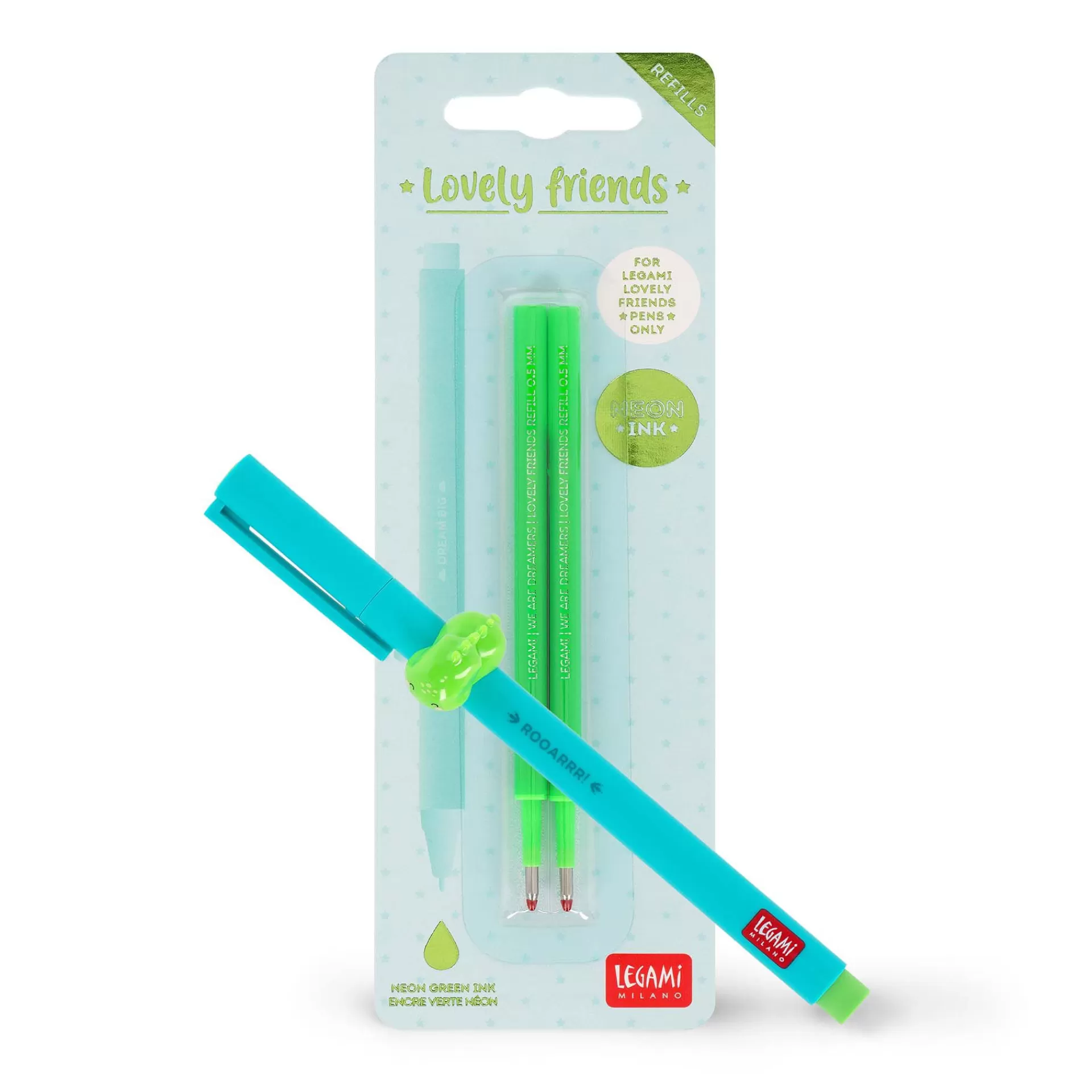 Legami Milano Gelstifte Nachfüllminen Lovely Friends | Kugelschreiber Und Gelstifte^Set Stift Lovely Dino mit Neongrüner Ersatzmine