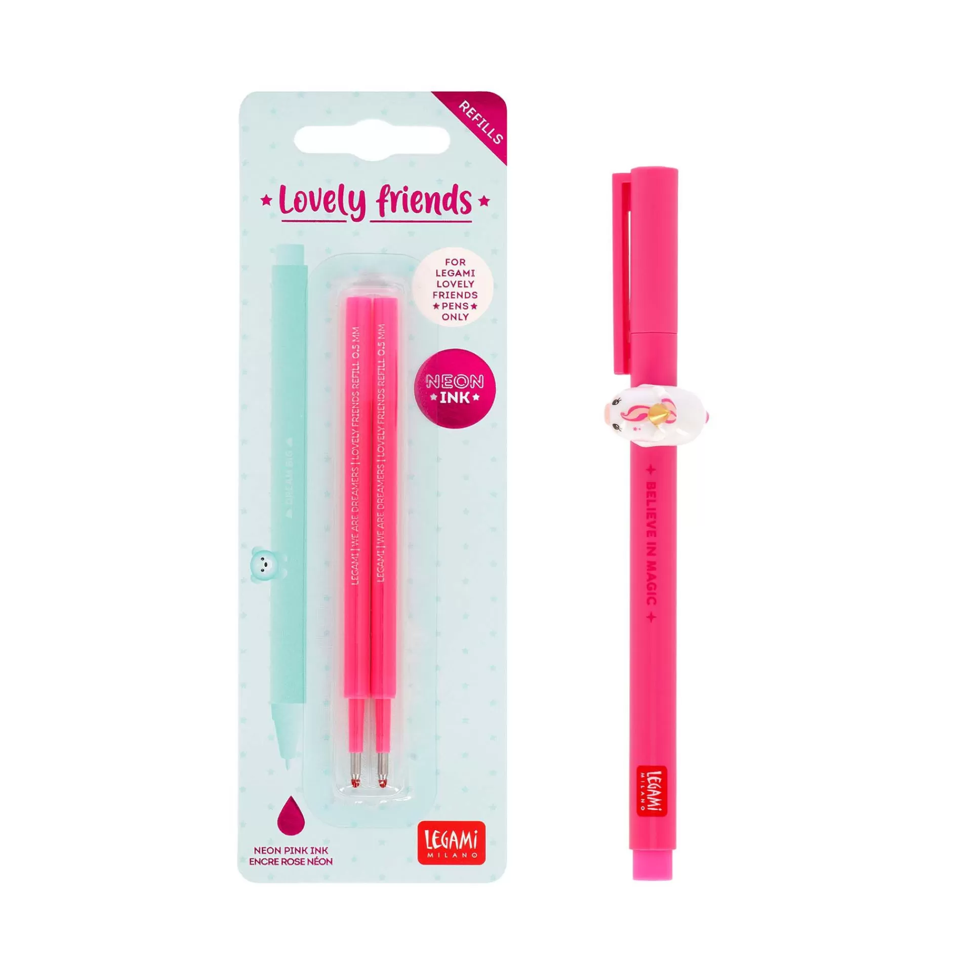 Legami Milano Gelstifte Nachfüllminen Lovely Friends | Kugelschreiber Und Gelstifte^Set Stift Lovely Unicorn mit Neonrosa Ersatzmine